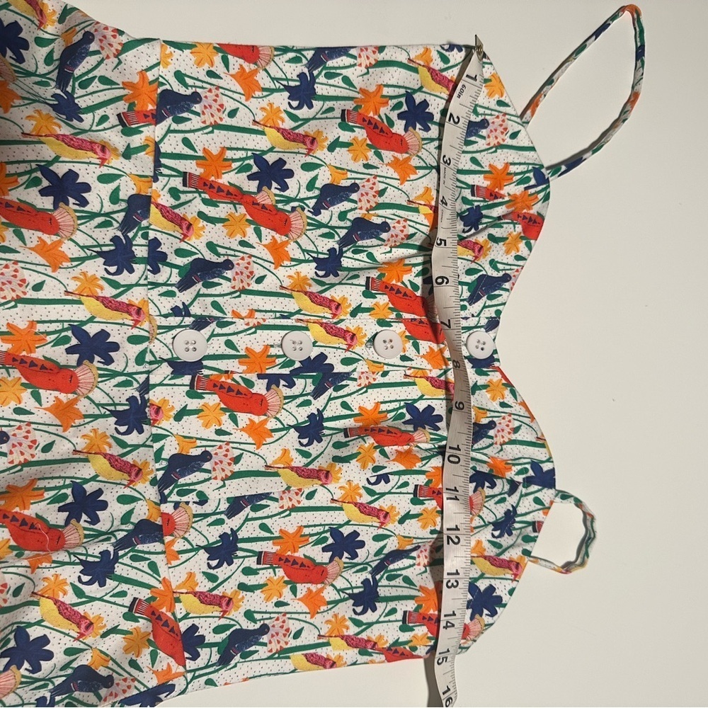 Alice + Olivia 4 Nella Sun Dress Fit Flare Bird Parrot Print Mini Button NWOT - Picture 4 of 7